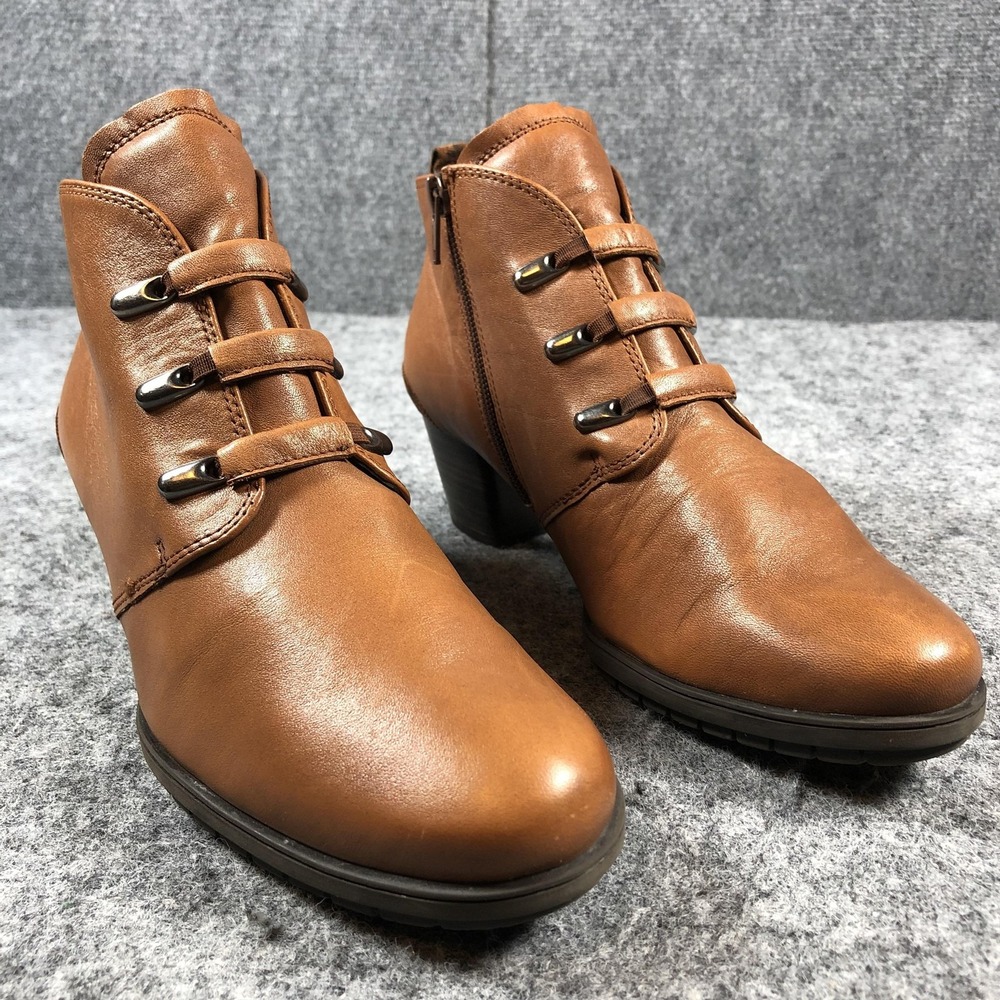 Gabor Boots Womens 7 Brown Leather Ankle Booties Side Zip Block Heel Straps
